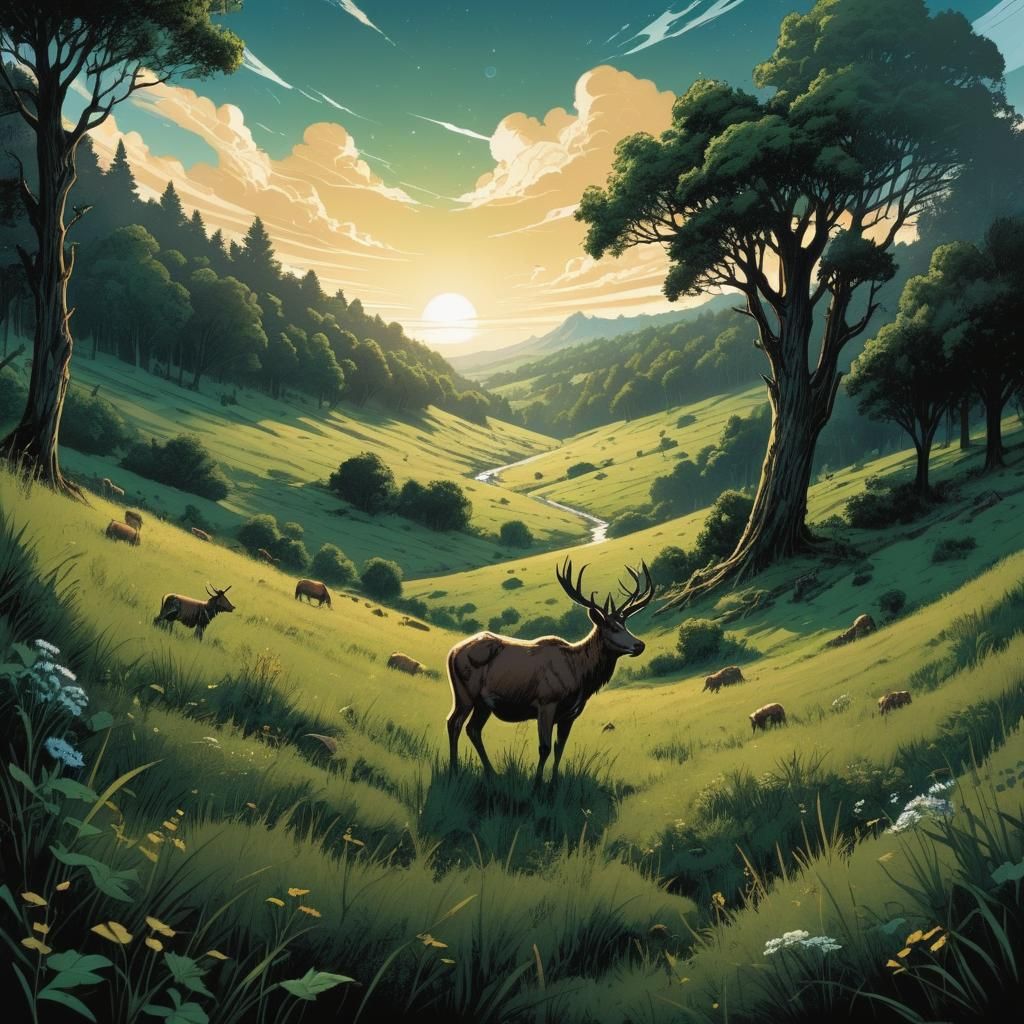 Deer Grazing in Lush Meadow, Comic Book Art