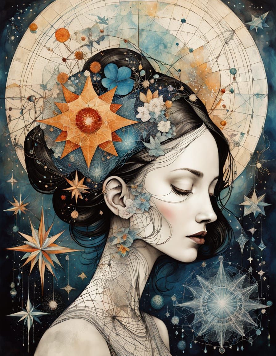 Floral Madwoman Portrait with Geometric Details