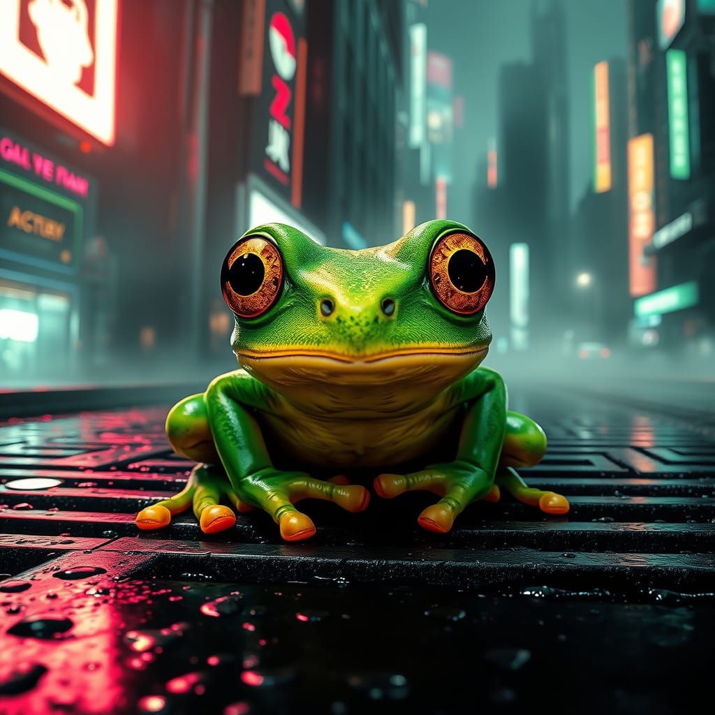 Futuristic Frog Perched on Dystopian City Grating