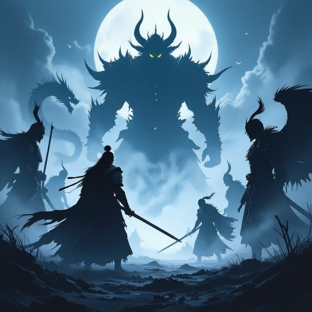 Shadow Samurai Battles White Army in Dark Fantasy Style