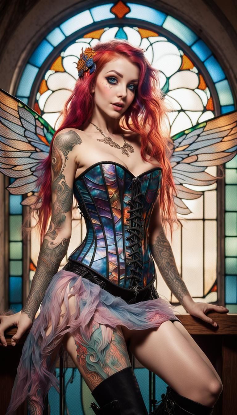 Surreal Tattooed Pinup with Stained Glass Wings