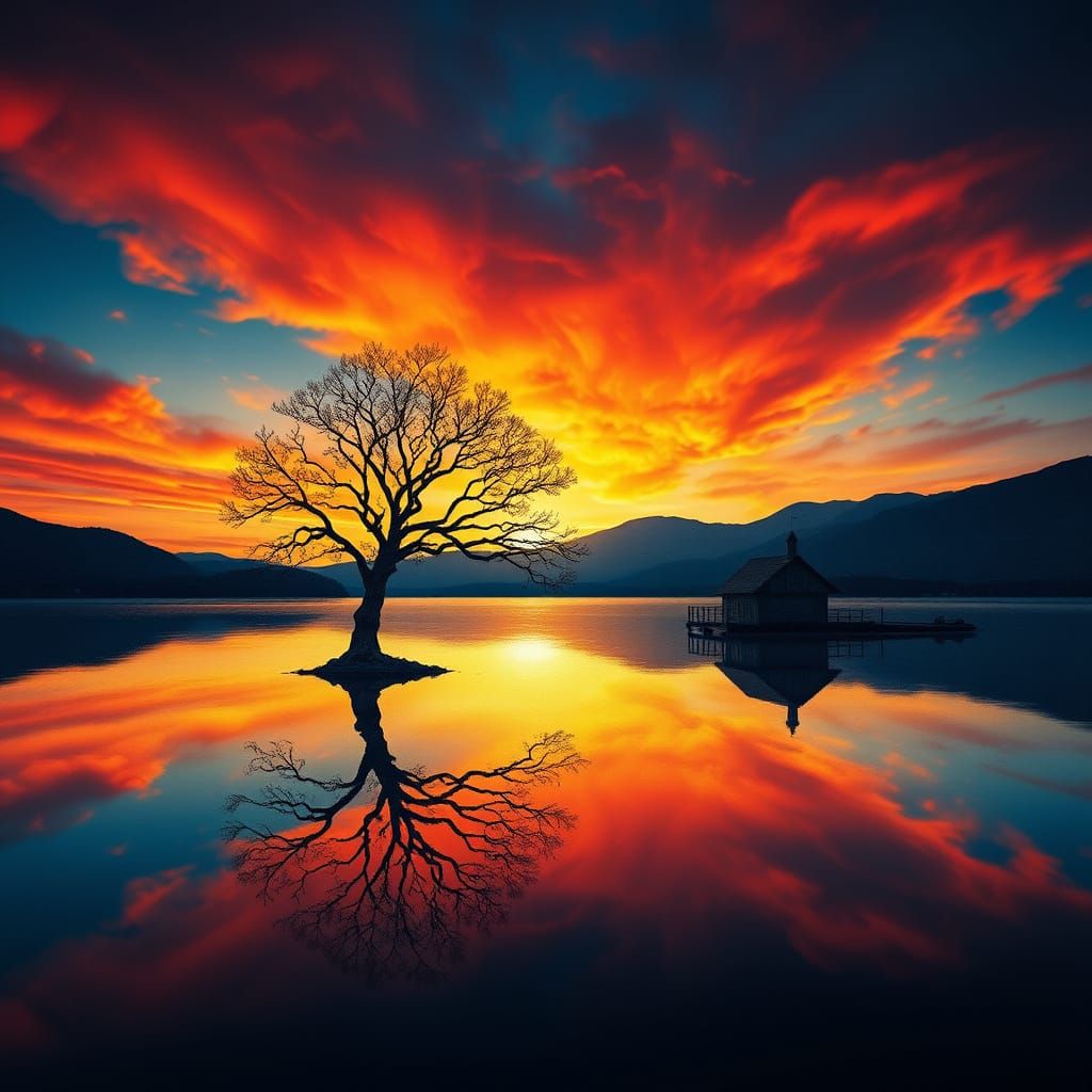 Majestic Sunset Landscape Mosaic Art of Tree and House
