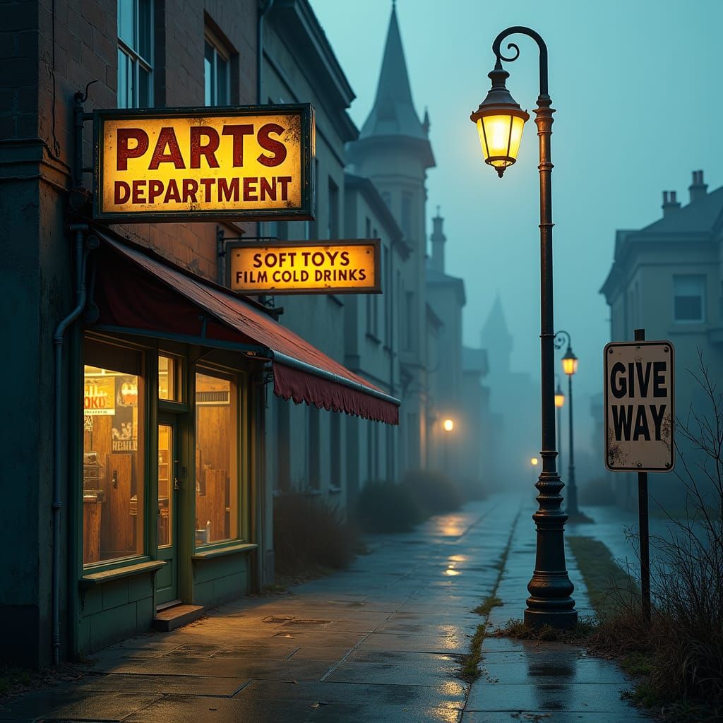 Misty Dusk Street Scene with Abandoned Shopfront