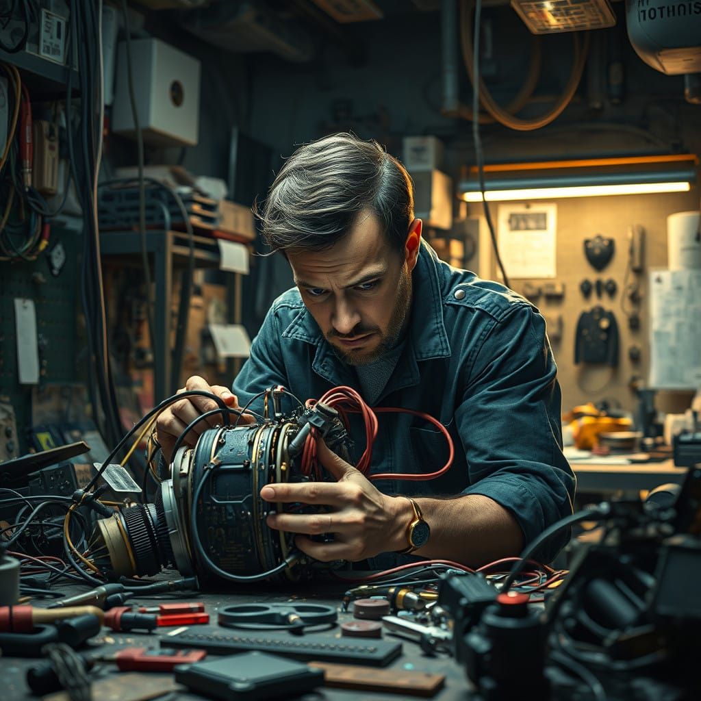 Inventor on the Brink of Breakthrough in Hyperrealist Style