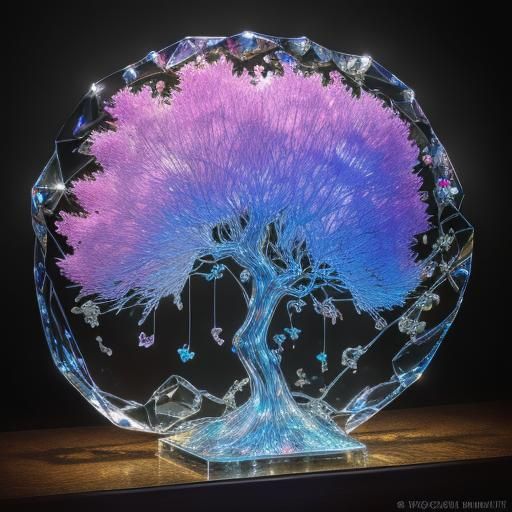 Hyper-Realistic Glass Cherry Blossom Tree in Sunlit Darkness