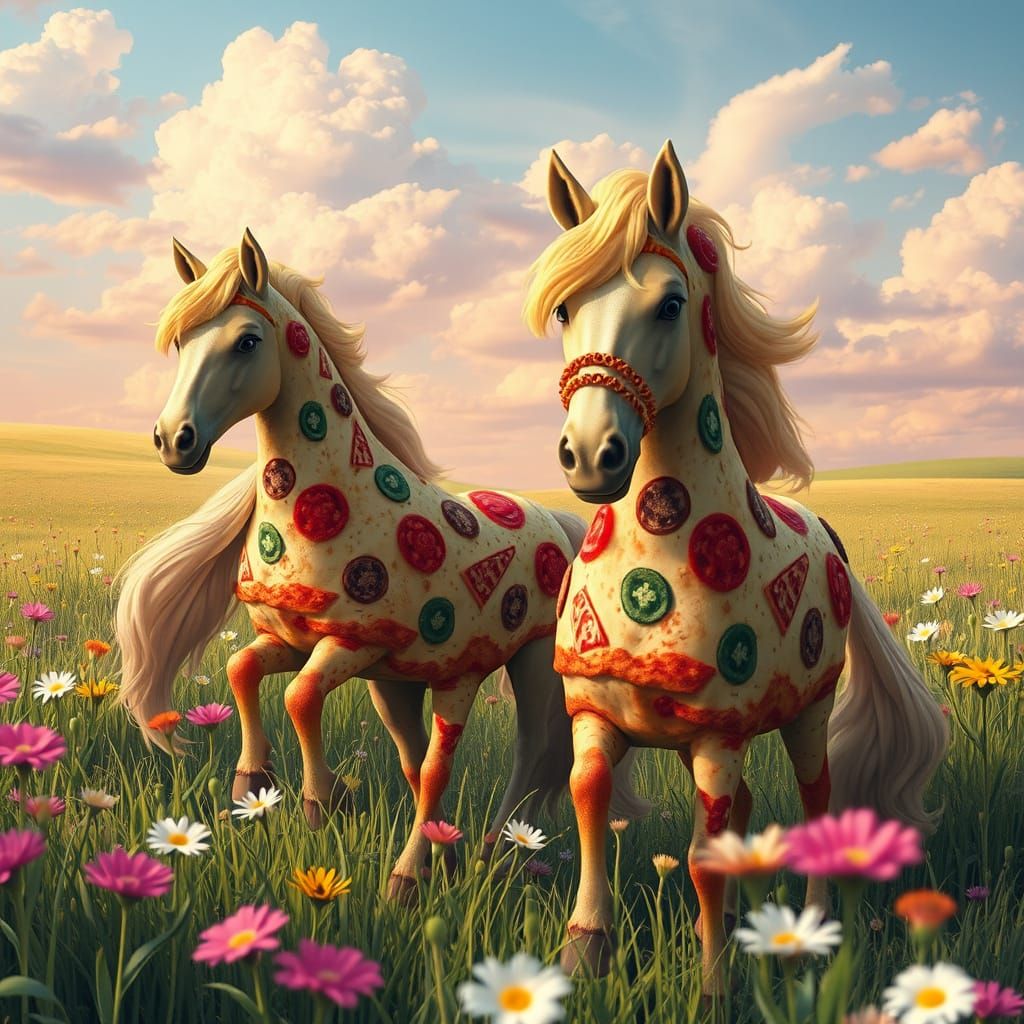 Surreal Pizza Horses in a Whimsical Meadow