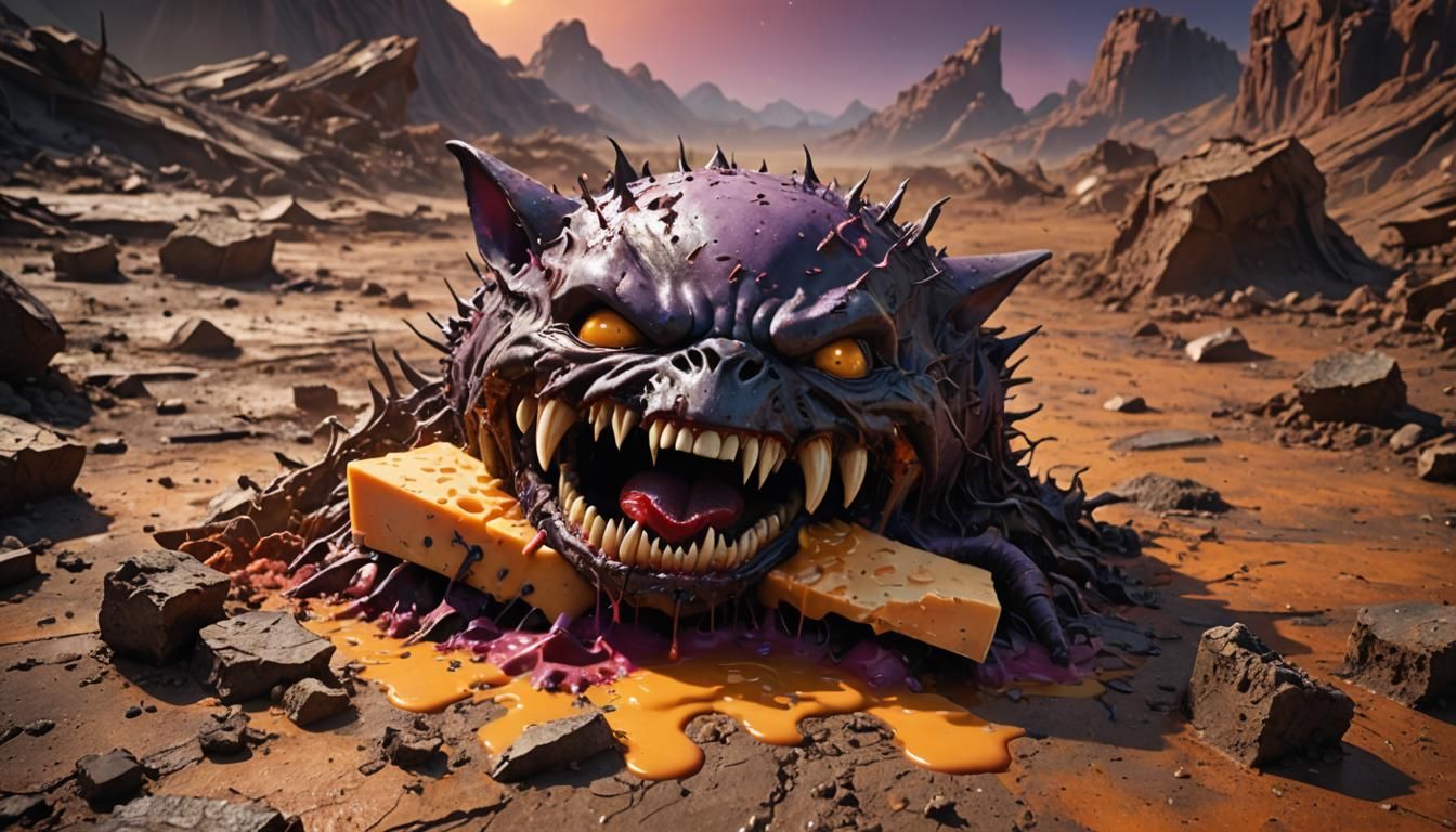 Biopunk Cheddar Cheese with Vampire Fangs in Post-Apocalypti...