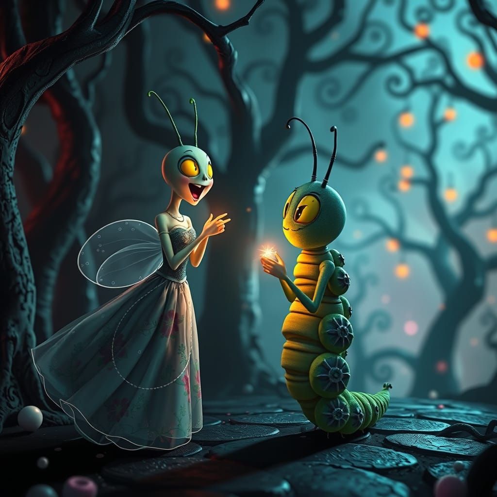 An excited female caterpillar watches her boyfriend caterpillar propose to her amidst a fusion of Tim Burton's eerie fan...