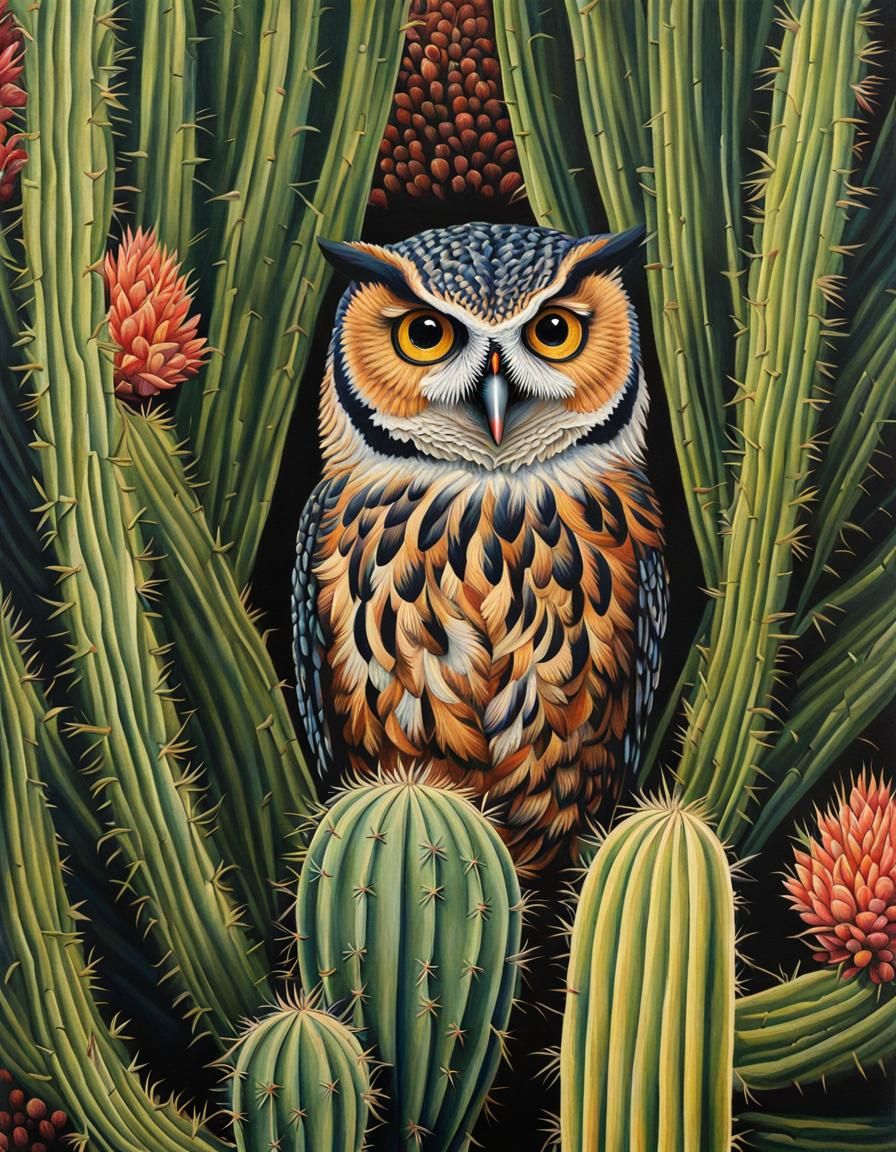 Desert Owl in Colored Woodcut Style