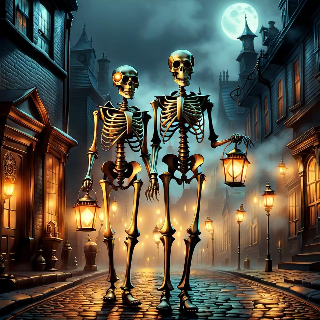 Steampunk Skeletons Trick-or-Treating on Foggy Street
