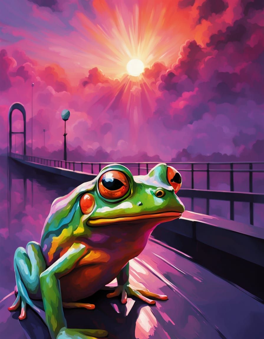 Shocked Frog on Bridge in Expressionist Style