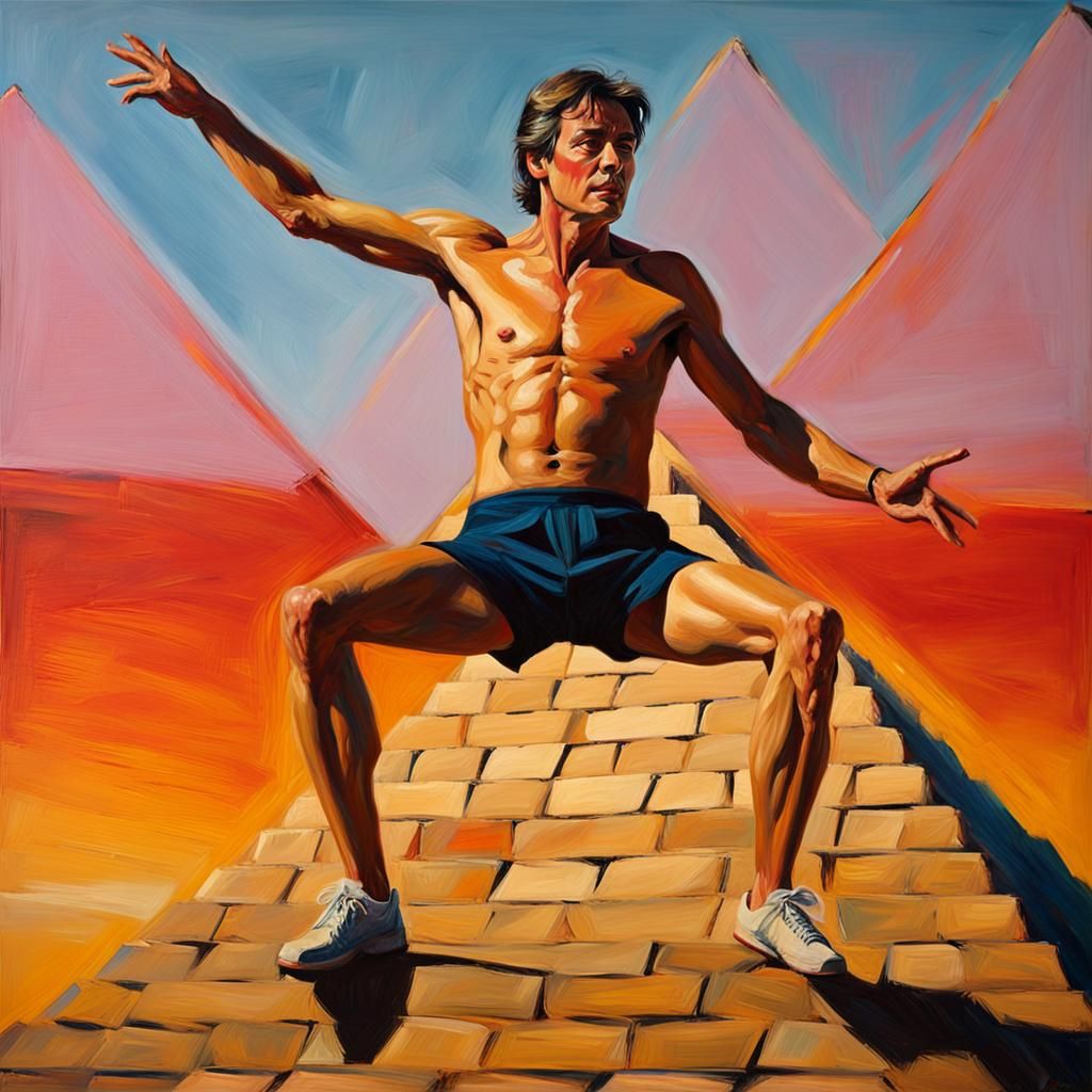 Aerobics on Pyramid: Oil Painting in 80s Style