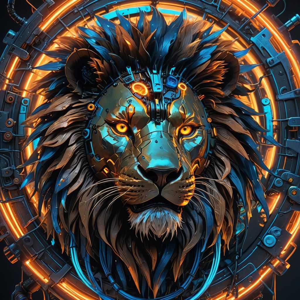 Cyborg Lion Head in Cyberpunk Style Concept Art