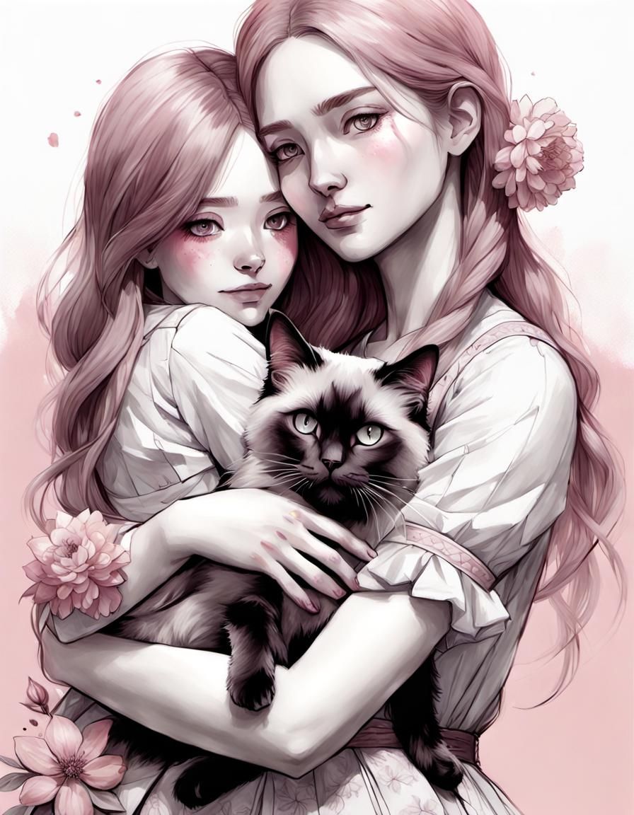 Tender Portrait: Girl, Ragdoll, Mother in Pink Ink