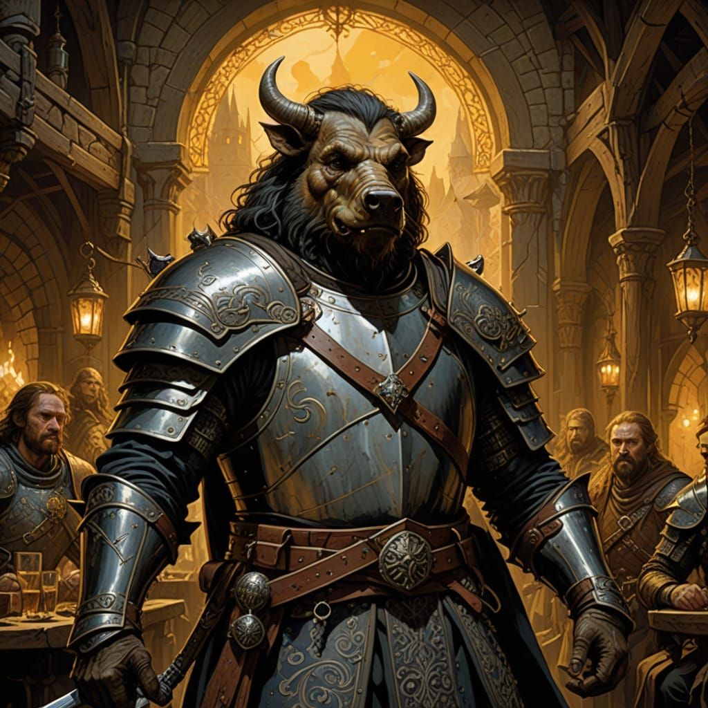 Medieval Tavern Sign with Fantasy Heroes