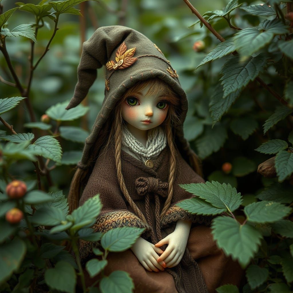 Embroidered Forest Witch in Folk Art Style