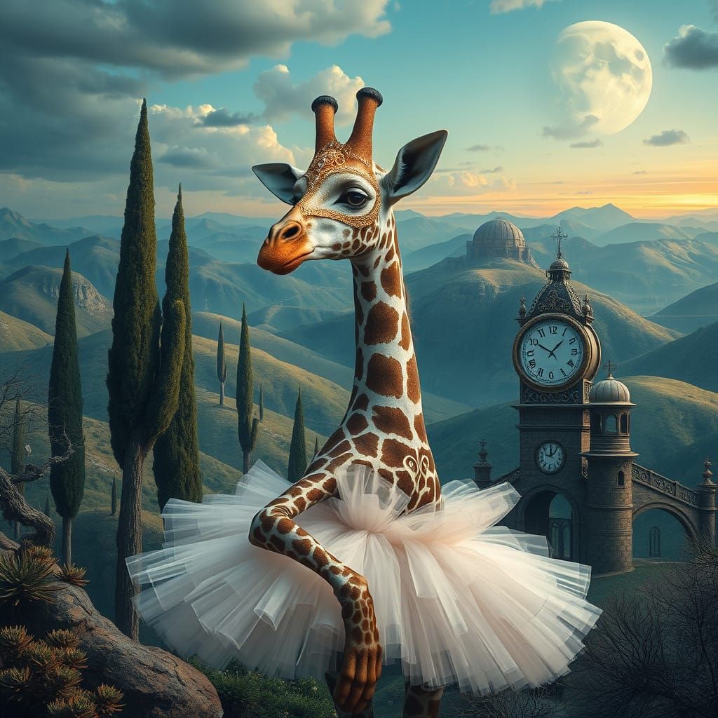 Elegant Giraffe in Gold Filigree Mask, Ballet Tu-Tu, Surreal...