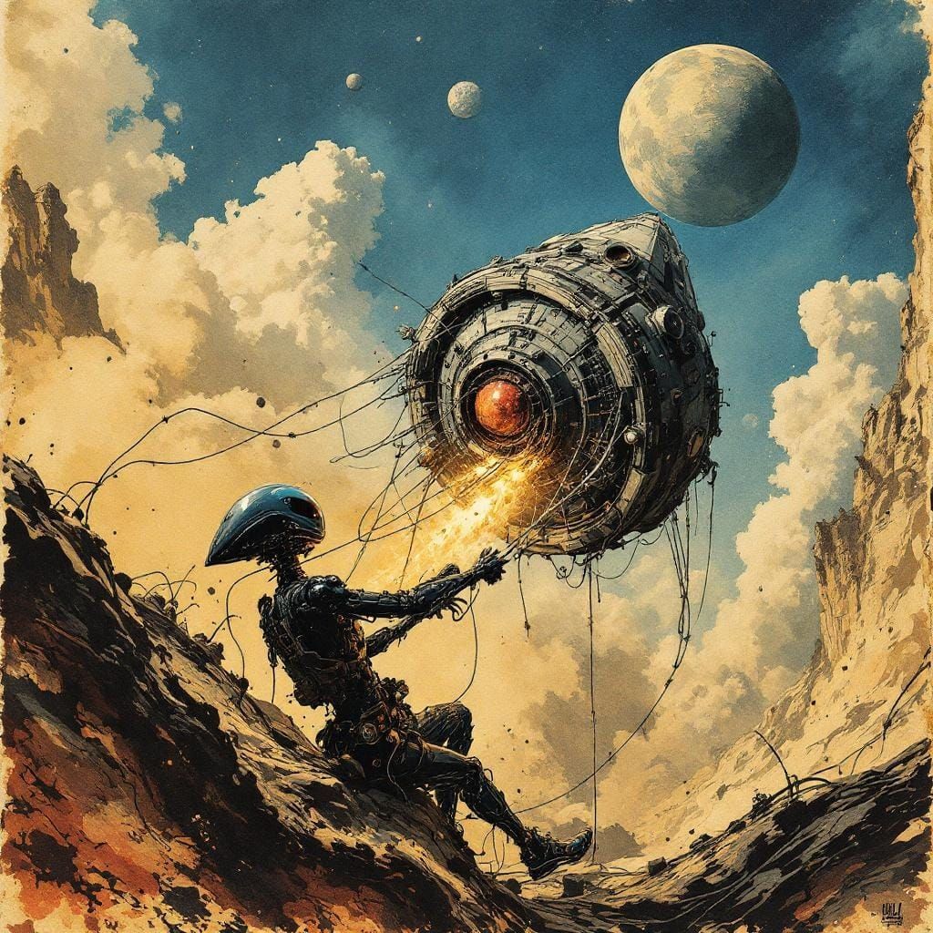 Aliens Repair Spaceship Mid-Air: Ink Drawing