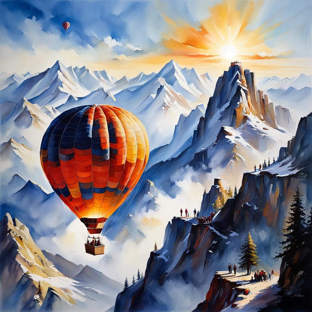 Hot Air Balloon over Alpine Mountains: Oil Painting