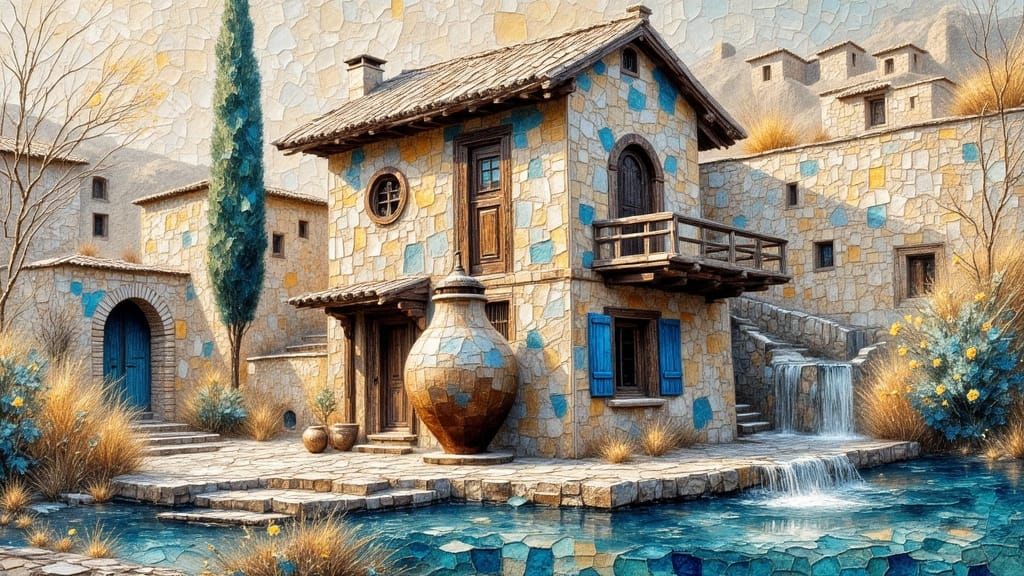 Moroccan Mosaic Watermill in Surreal Watercolor Style