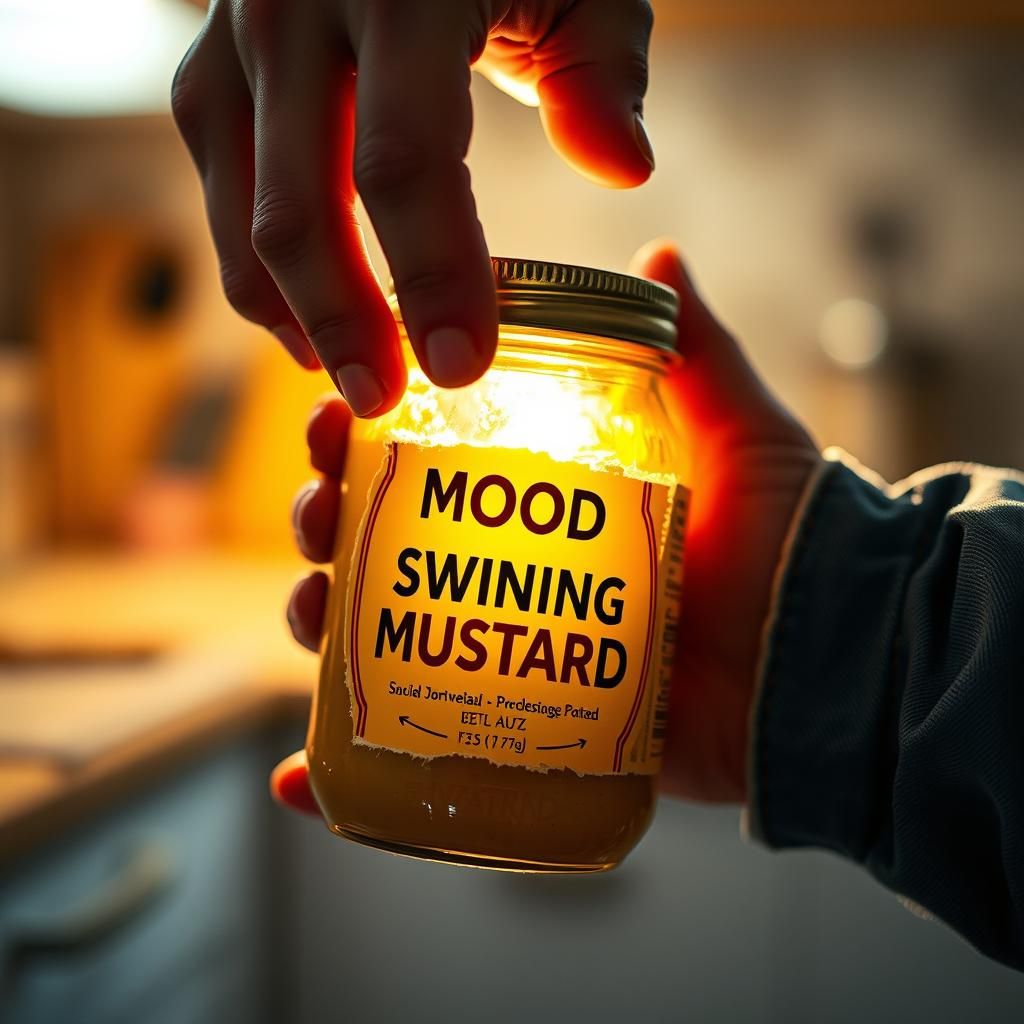 Hand Holding Mood-Swinging Mustard Jar, Cinematic Shot