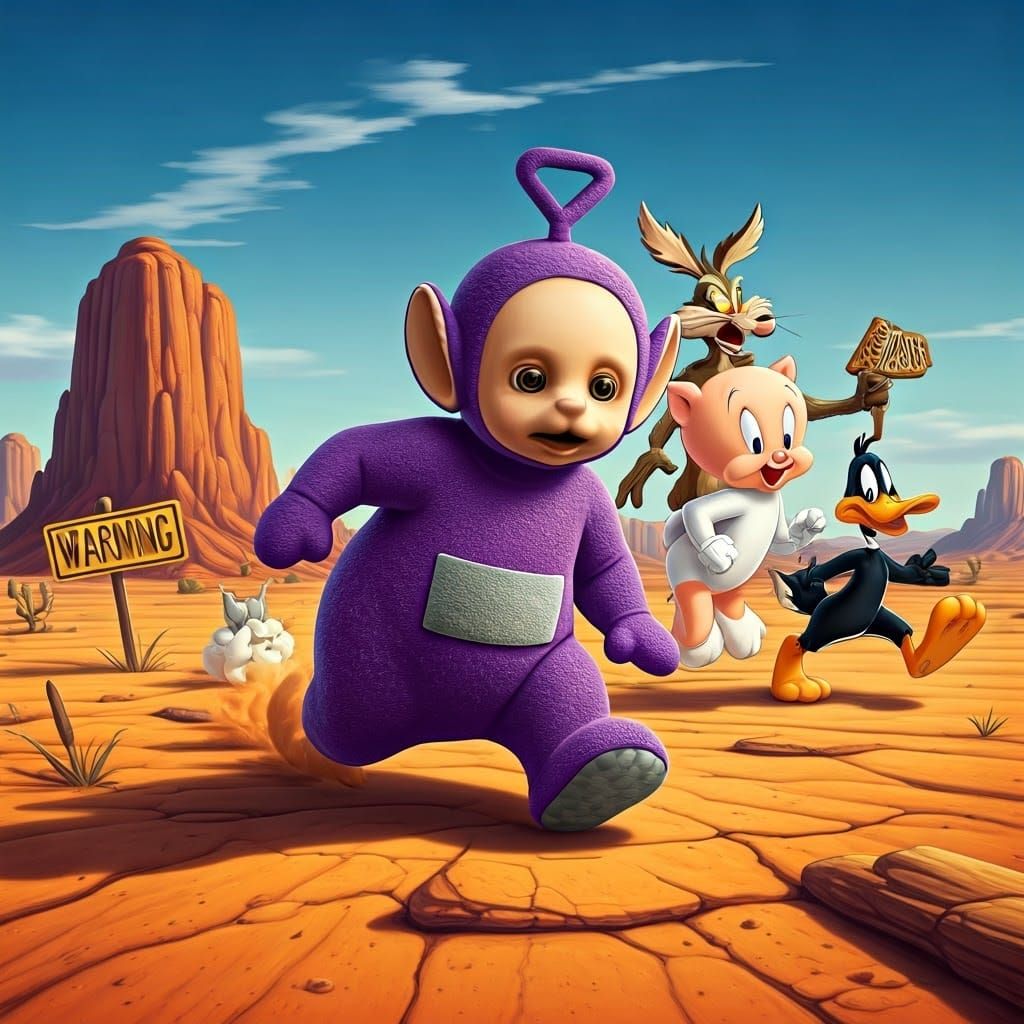 Faded Teletubby Fleeing Looney Tunes Characters in a Desert ...