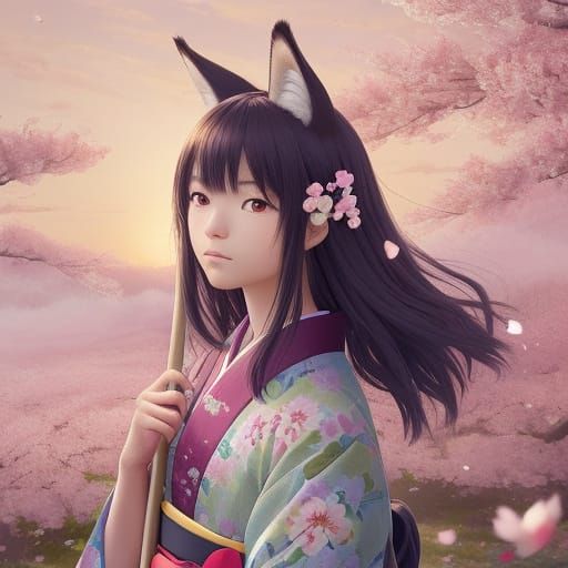Fox Samurai in Cherry Blossoms, Ghibli Anime Style