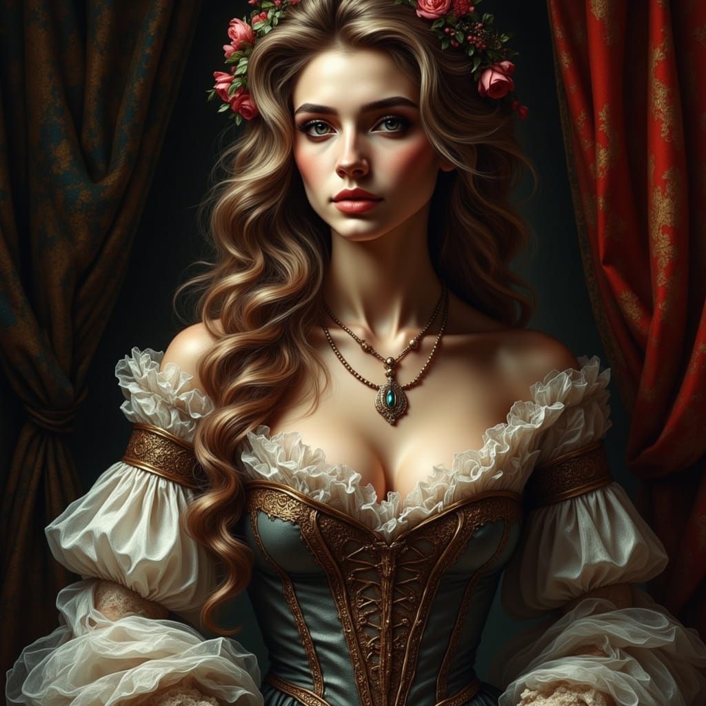 Baroque Blonde Milady in Crimson Dress Pursued by Musketeers