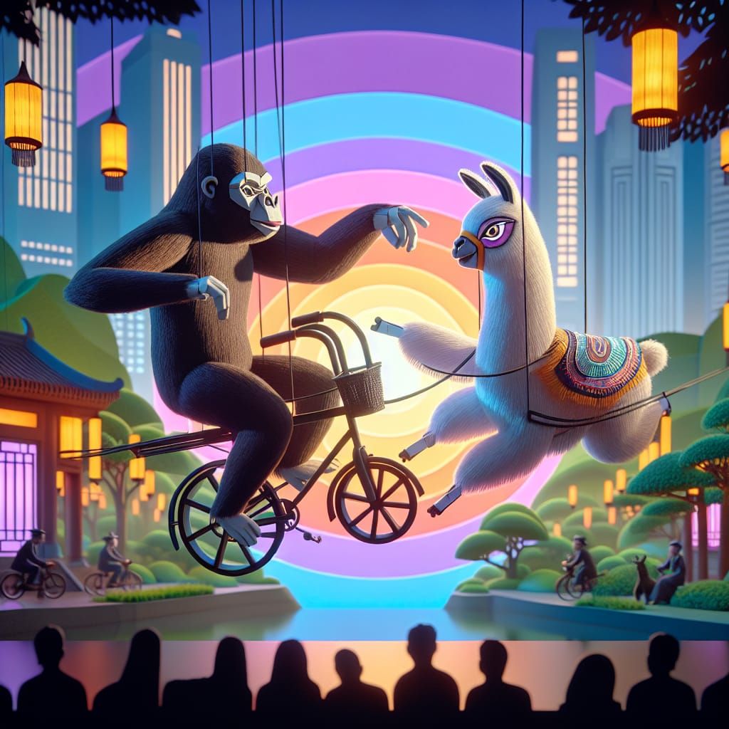 Gorilla and Llama Ride Tandem Bicycle: Shadow Puppetry Style