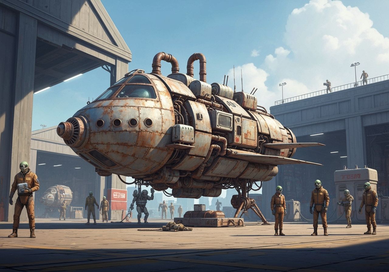 Spaceship Made from Scrap Metal in Spaceport