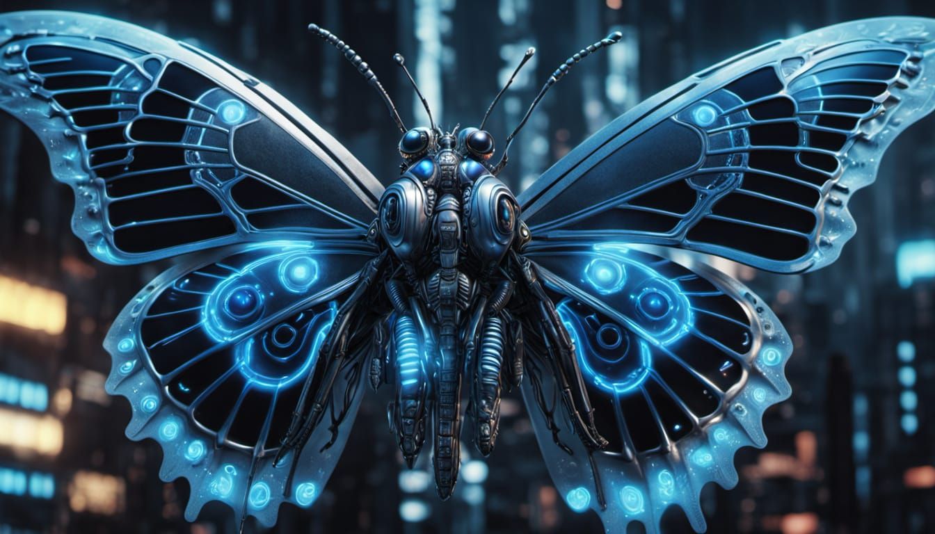 Cyborg Butterfly in Neon Cityscape
