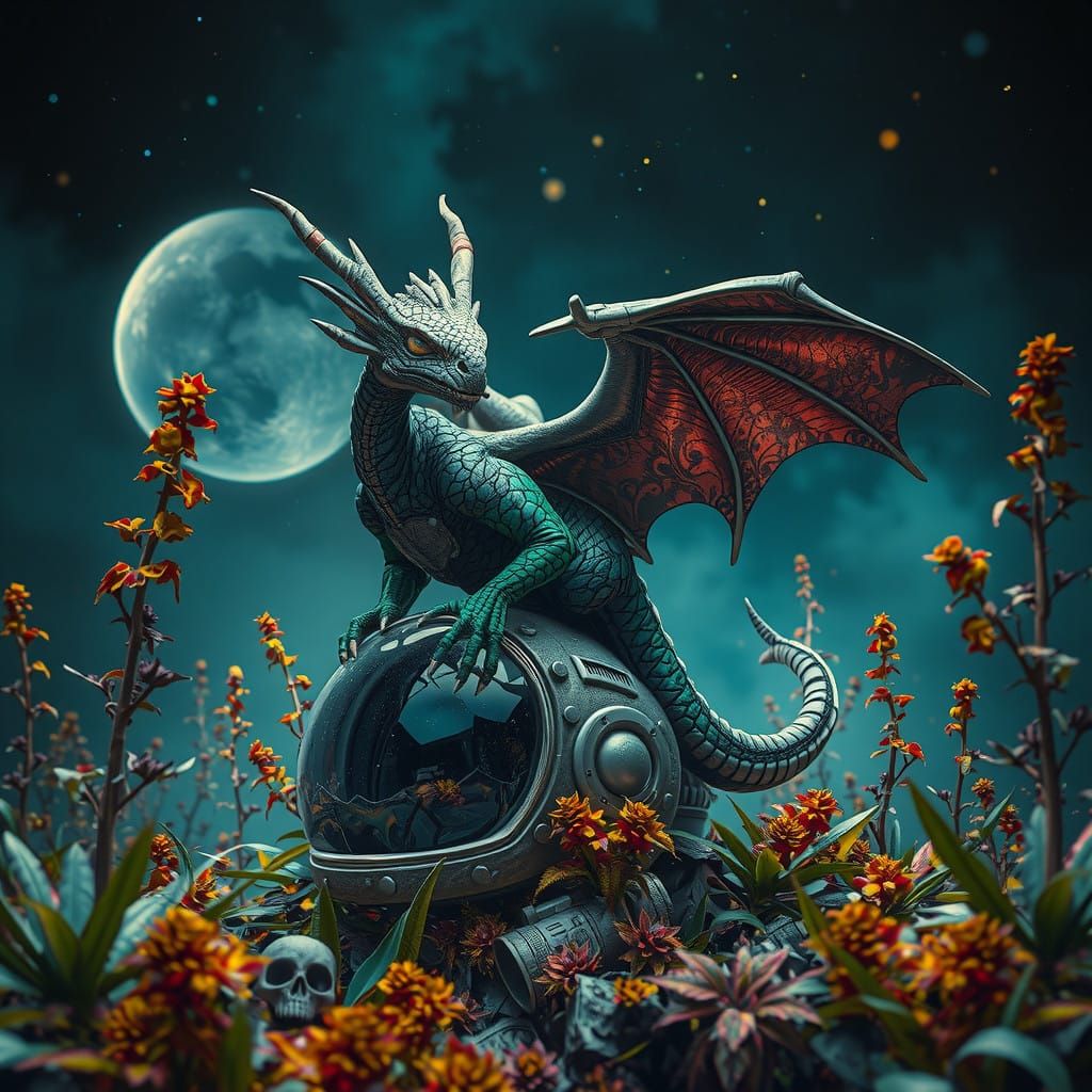 Surreal Alien Dragon Emerges from Abandoned Space Helmet