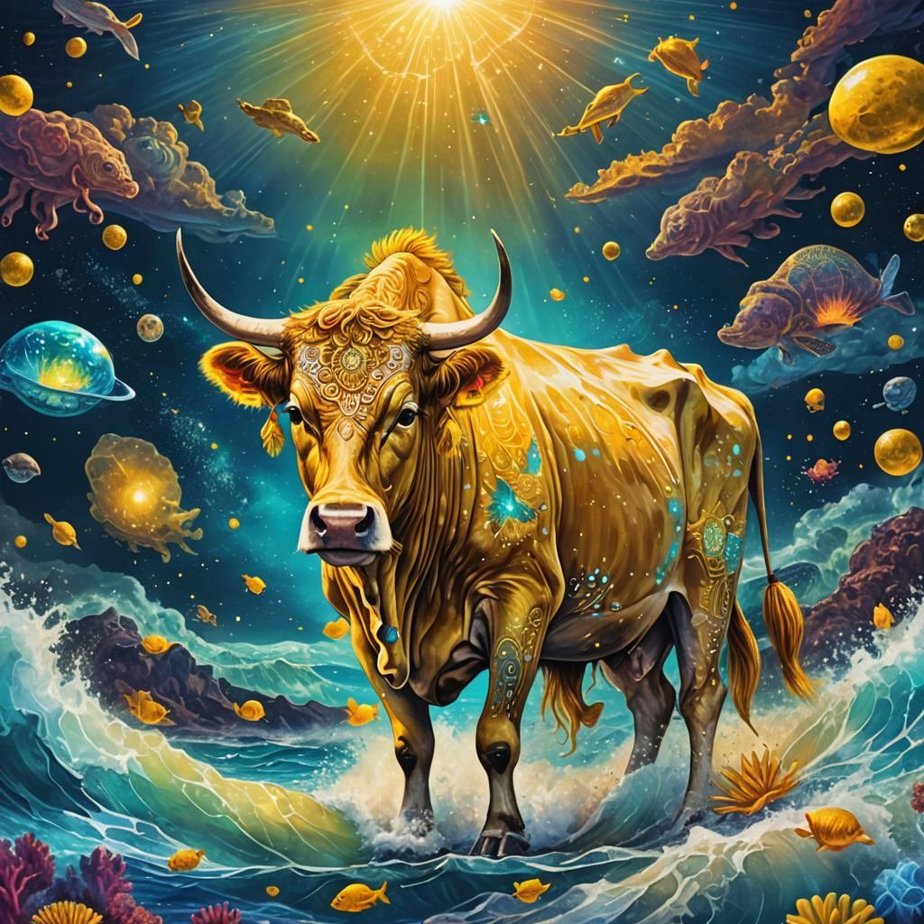 Yellow Cow in Ocean: Cosmic Astral Illustration