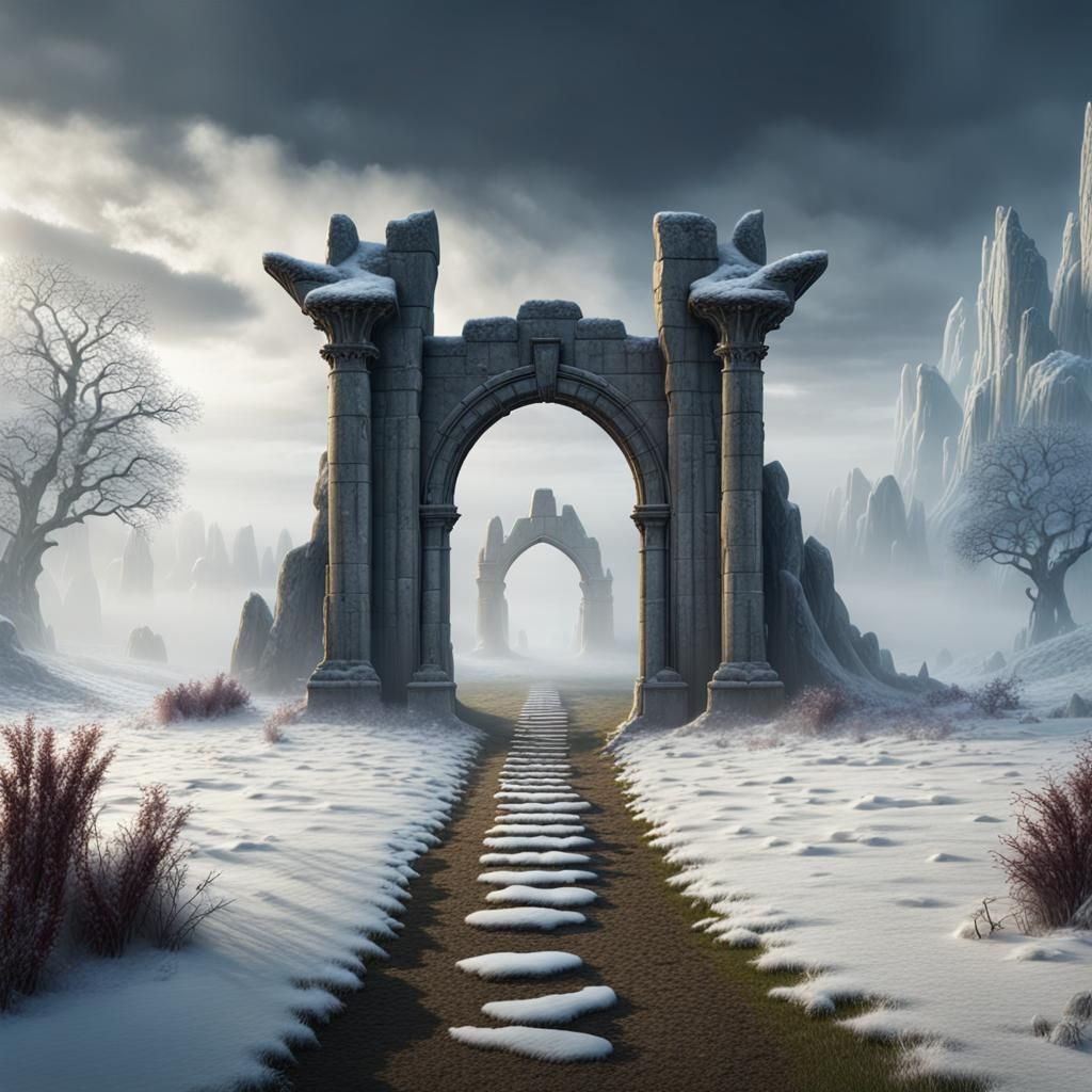 Snowy Stonehenge Archway in Fog, Detailed Matte Painting