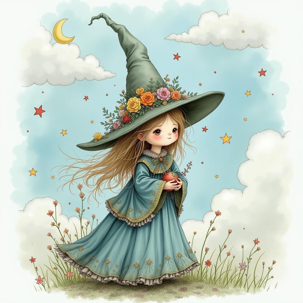 Whimsical Witch with Flowers in Watercolor Style