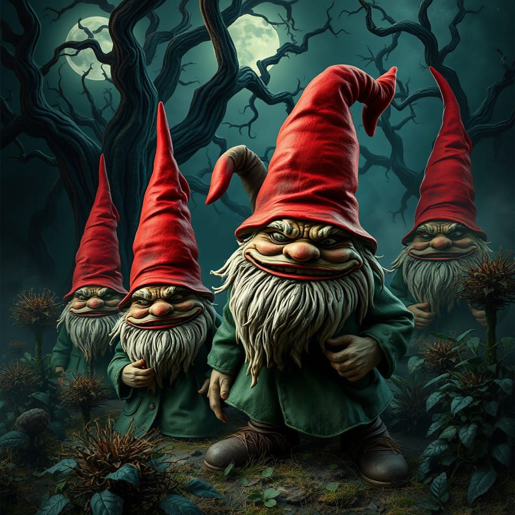 Whimsical Gnomes Unleash Dark, Gothic Terror in Moonlit Gard...