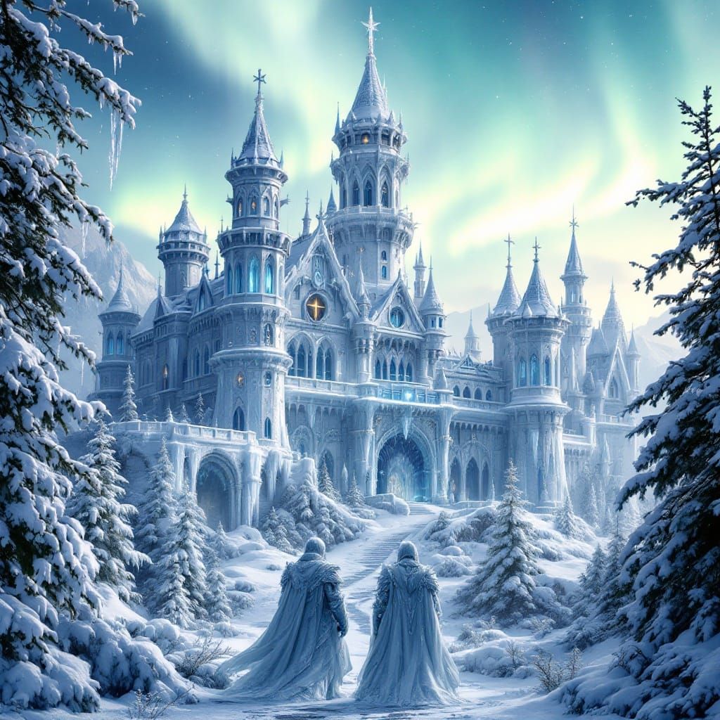 Majestic Winter Castle Under Aurora Borealis