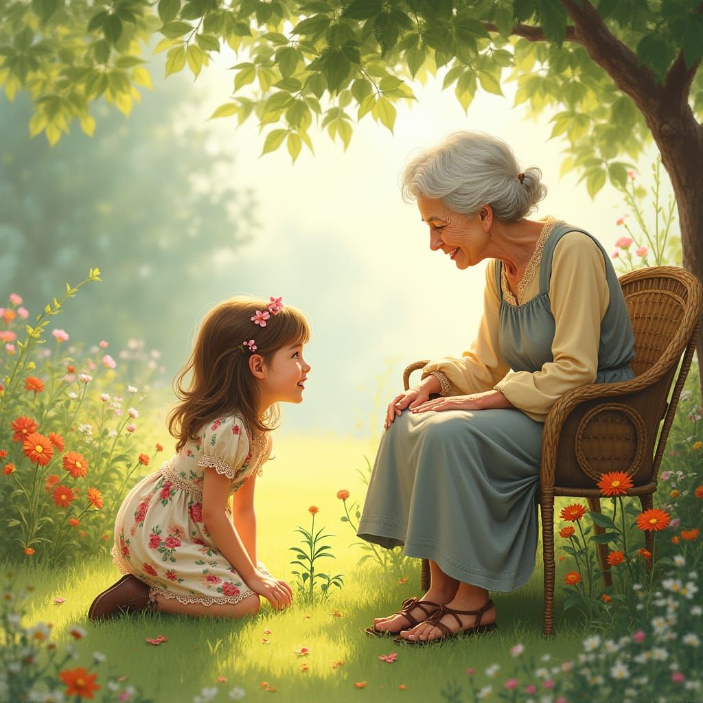 Girl and Grandmother Discover Sprout in Garden