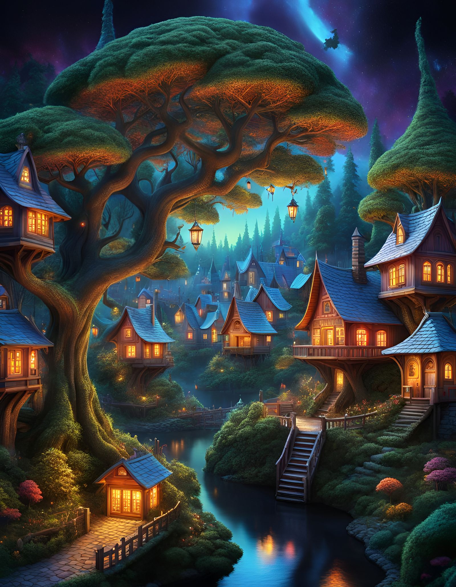Holographic Fantasy Village in the Trees