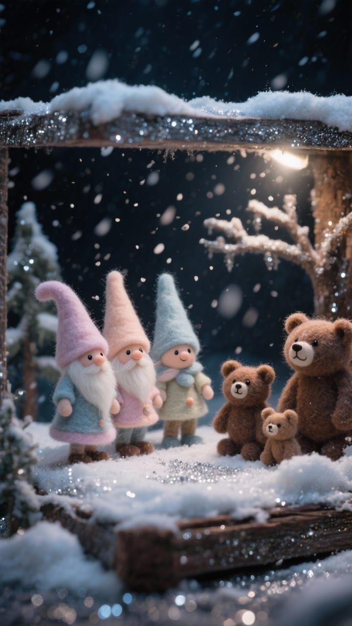 Felted Gnomes and Bears in Snowy Diorama