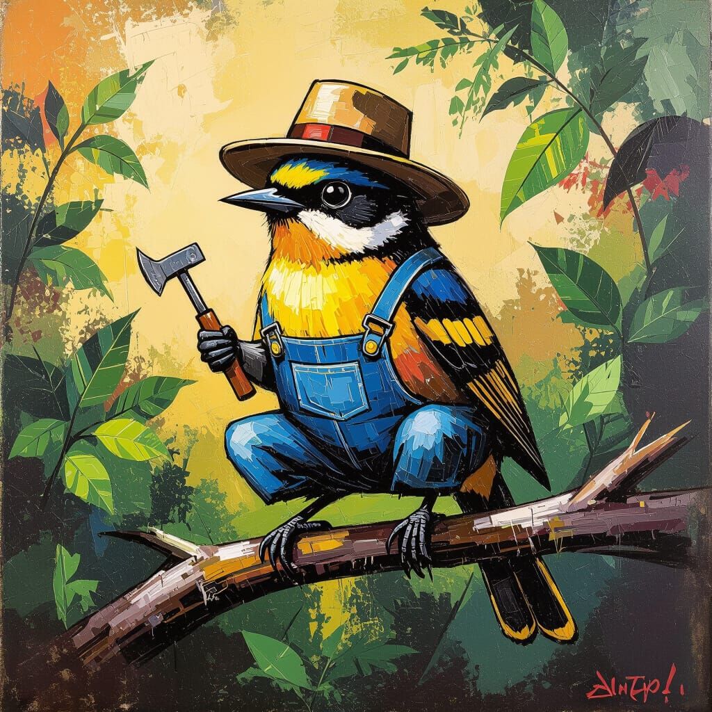 Farmer Bird Splatter Painting in Abstract Style