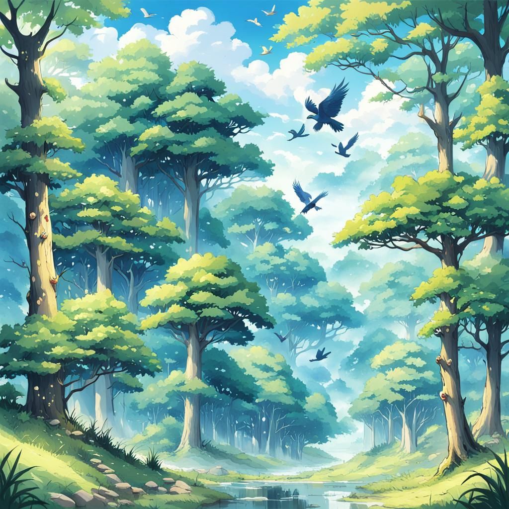 Anime Style Forest Scene with Birds and River
