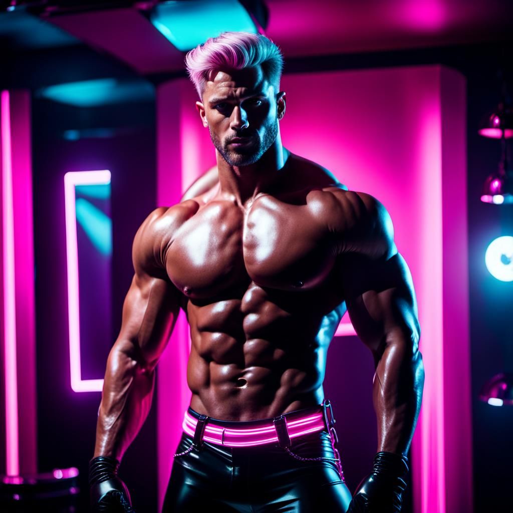Muscular Blond Man in Night Club Bar Amidst Dim Pink Neon Li...