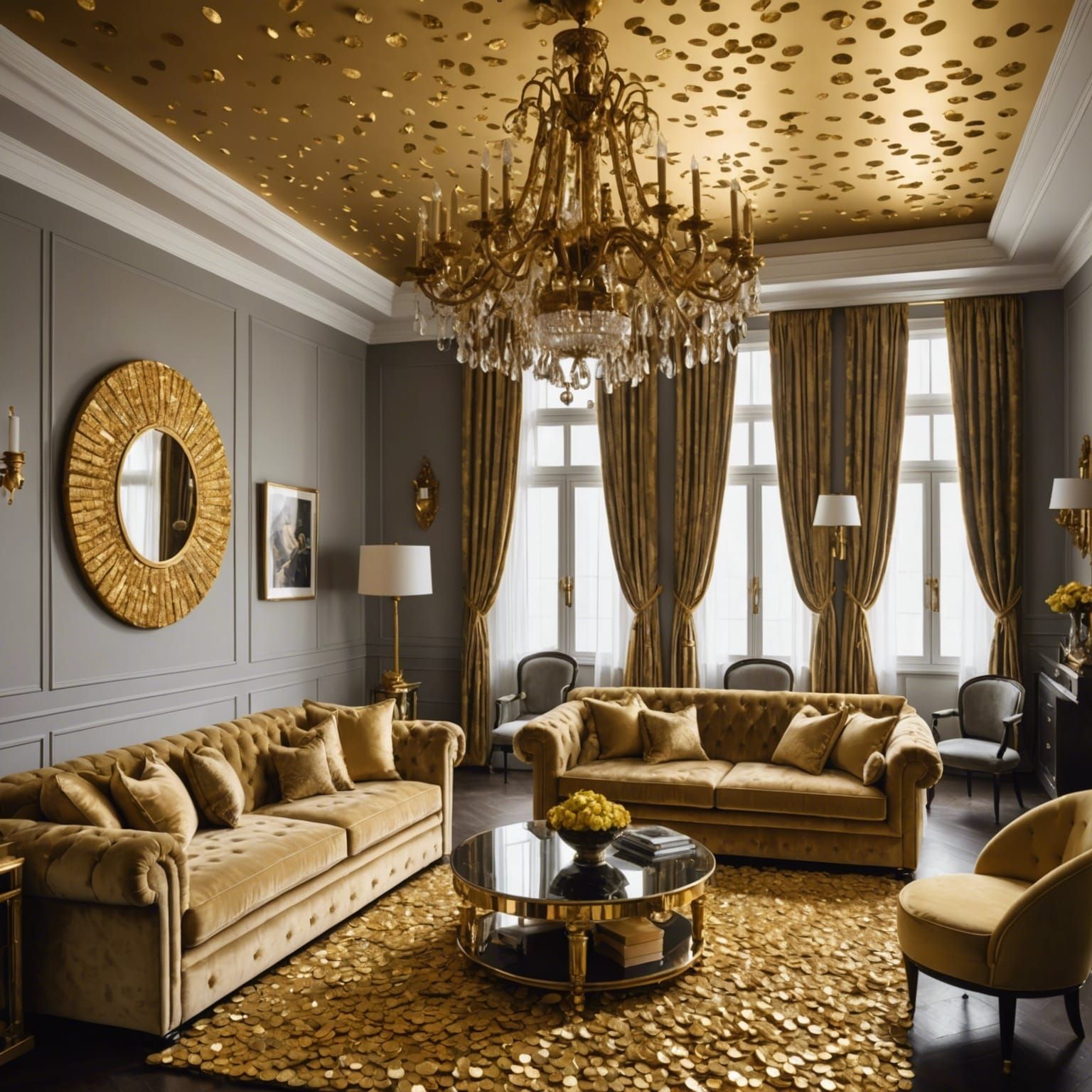 Luxurious Guest Room with Gold Accents and Chandelier
