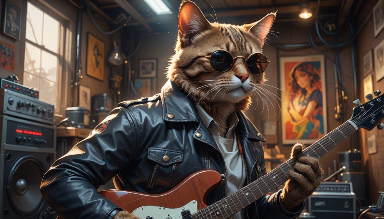 Anime Cat Rocks Guitar Solo in Smoky Garage