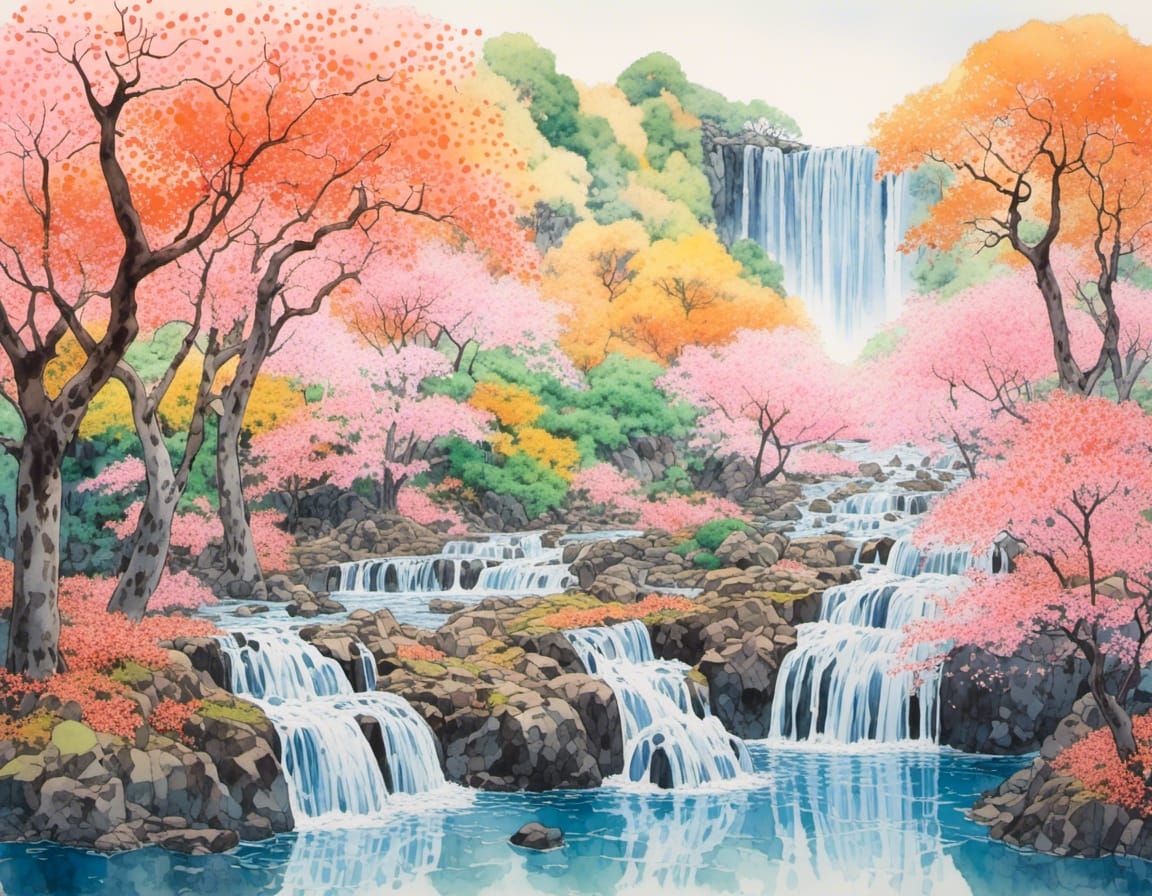 Cherry Blossom Waterfall: Nihonga-Inspired Watercolor