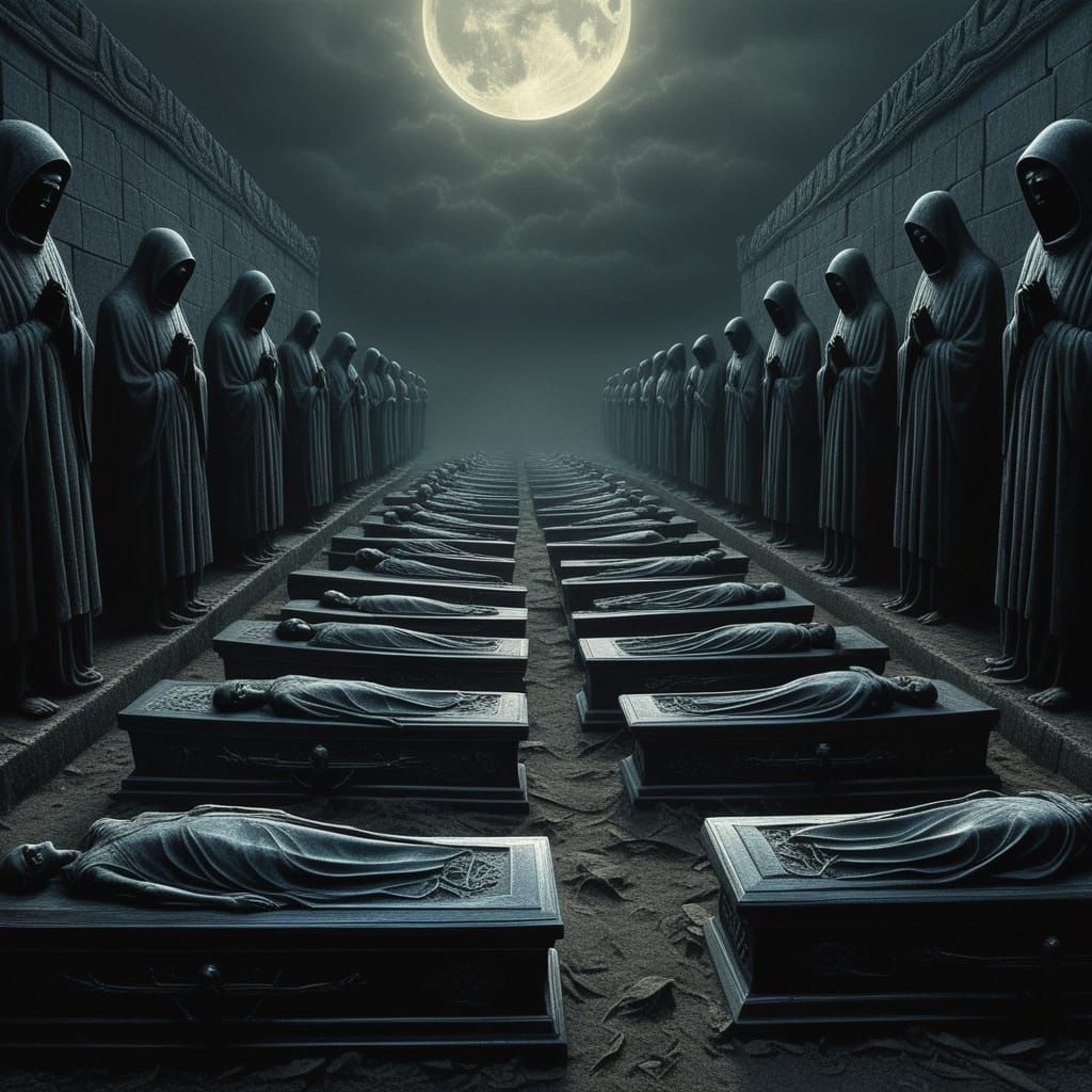 Mourners Gather Around Intricately Carved Coffins in a Sombe...