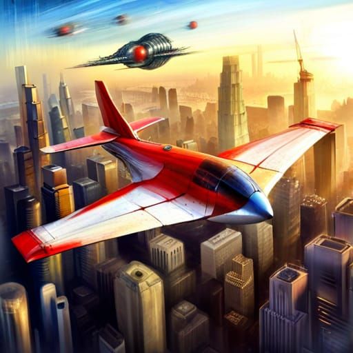 Retrofuturistic Aircraft Flies Over Cyberpunk Cityscape