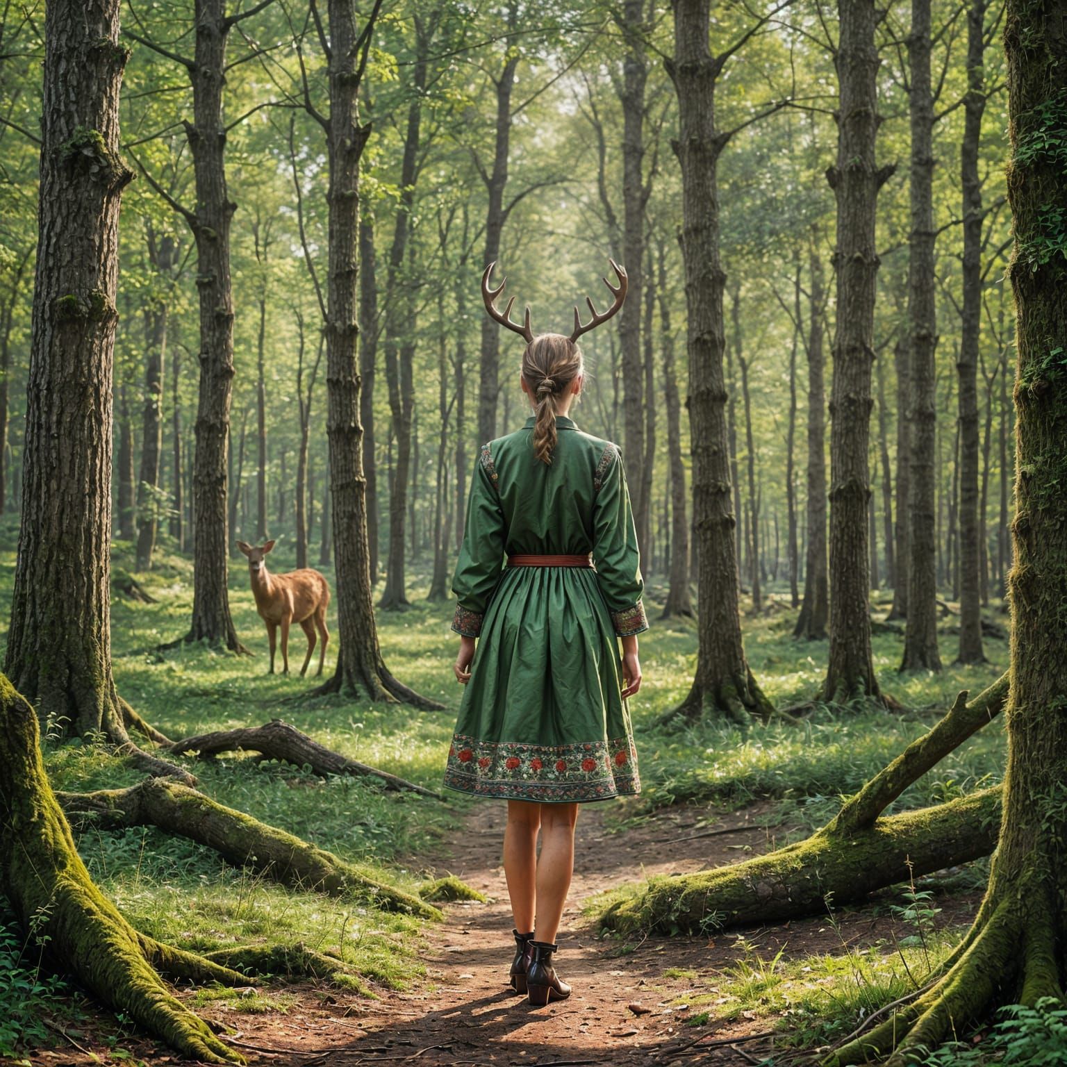 Sad Girl in Forest, National Dress, Photorealistic