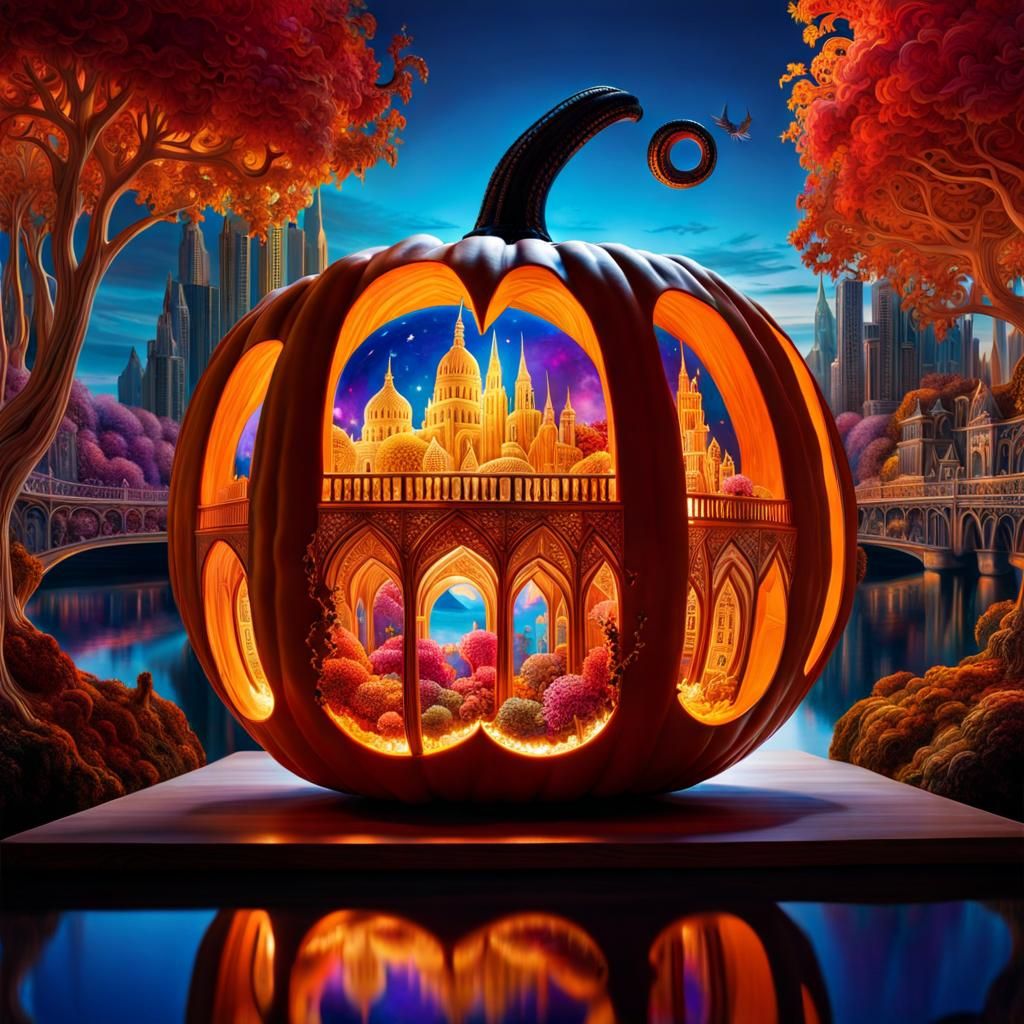 Intricate Pumpkin City: A Surreal Fantasy Concept